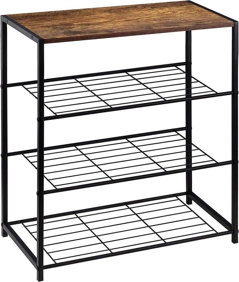 Warraich -Schoenenbankje met Zitplaats – Schoenenrek en Badkamerplank Zwart + Vintage Houtlook 63x30x63 cm