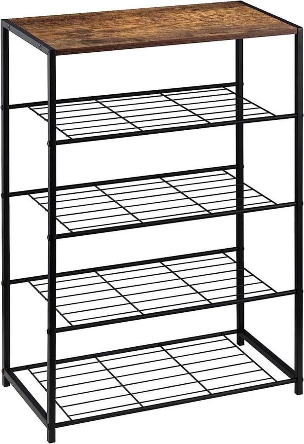 Schoenenbankje met zitting – zwart met vintage houtlook – schoenenrek met 2 lagen – halbank 63×30×42 cm