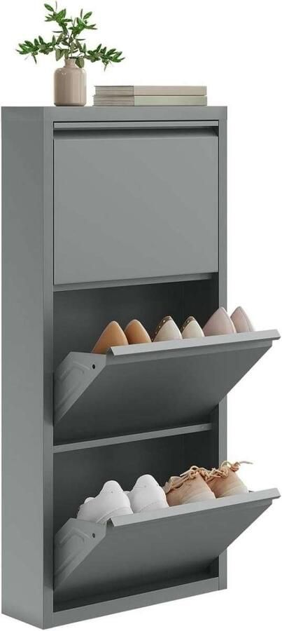 Warraich -Schoenenkast – Compact Schoenenrek 50x15x106 cm Lichtgrijs
