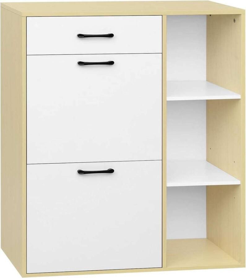 Warraich -Schoenenrek – Schoenenkast met 2 Opvouwbare Compartimenten Ruimtebesparend Wit + Natuurlijke Houtkleur