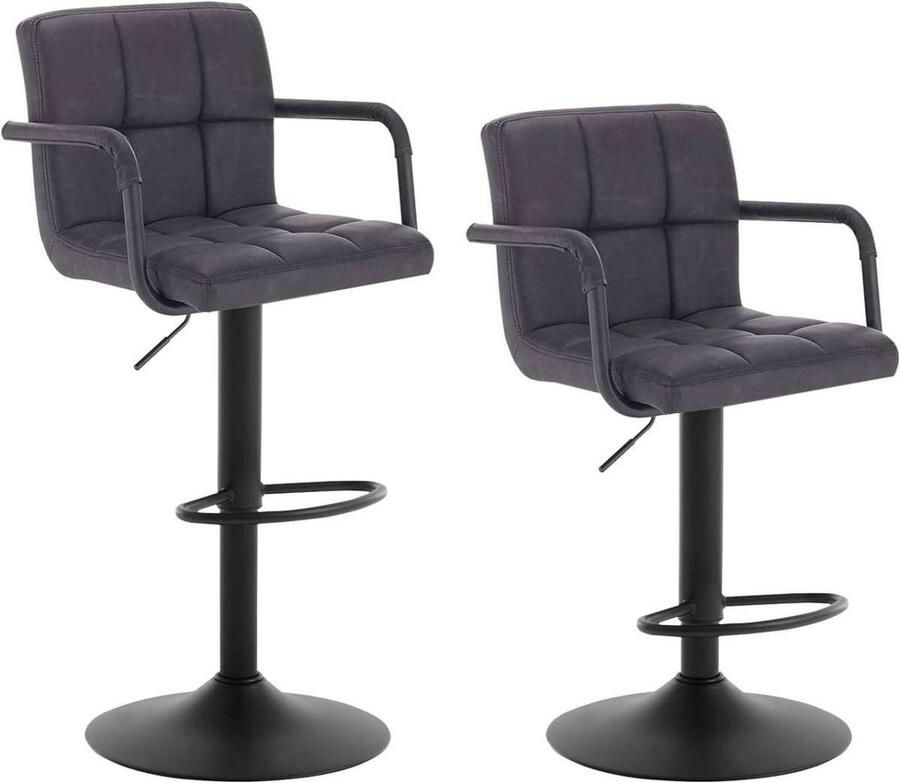 Warraich -Set van 2 Antraciete Barkrukken: Barstoelen met Draaibare Rugleuning Uitgevoerd in Antieke Kunstleerlook op een Robuust Stalen Frame