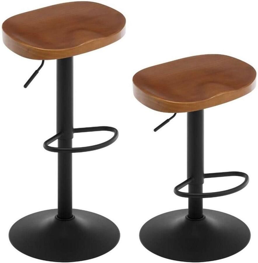 Warraich -Set van 2 barkruk – zadelvormige houten zitting metalen frame met voetsteun Bruin