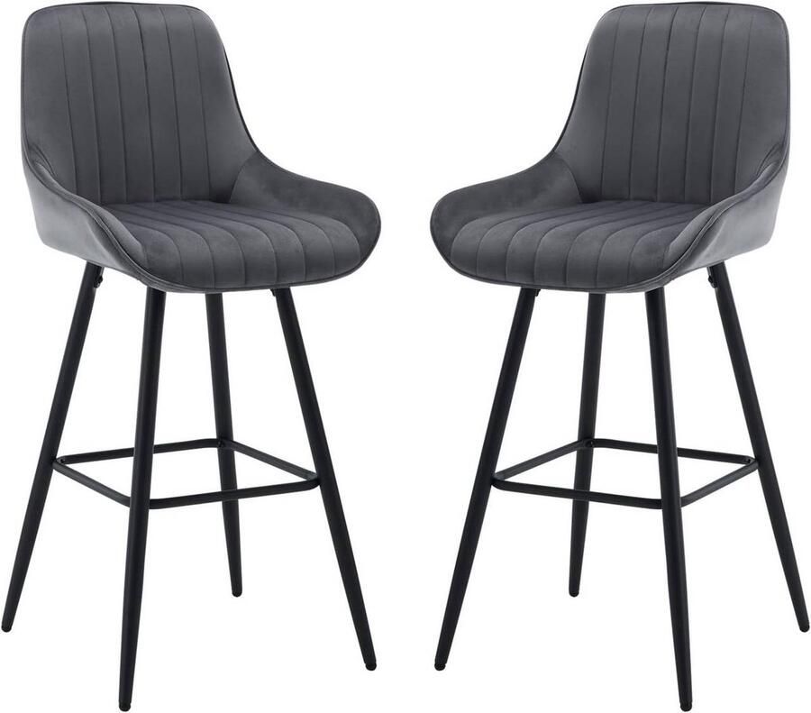 Warraich -Set van 2 barkrukken – Donkergrijs fluweel gewatteerde zitting en stevige metalen poten