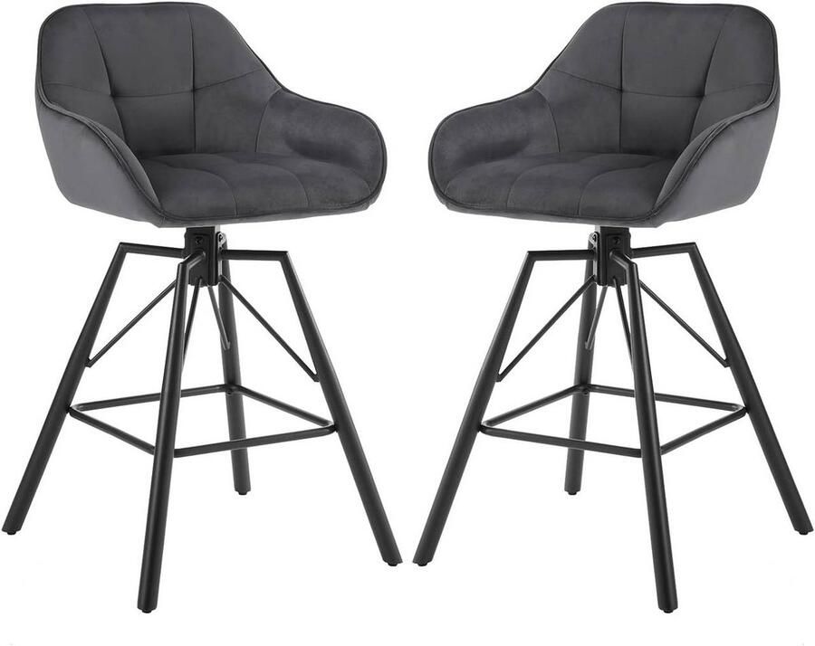 Warraich -Set van 2 barkrukken – Donkergrijs fluweel met rugleuning draaibaar en metalen frame met voetsteun