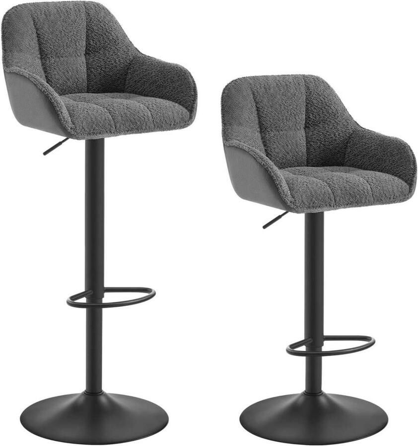 Warraich -Set van 2 barkrukken – Donkergrijze chenillestof draaibaar en in hoogte verstelbaar met metalen onderstel