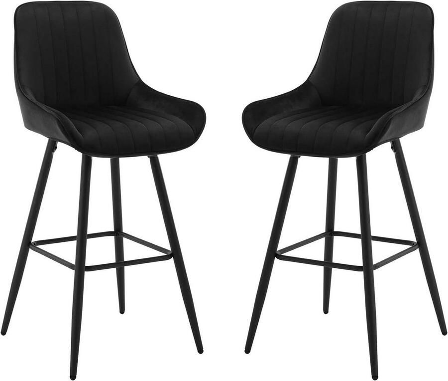 Warraich -Set van 2 barkrukken – Gewatteerde zitting van zwart fluweel met stevige metalen poten