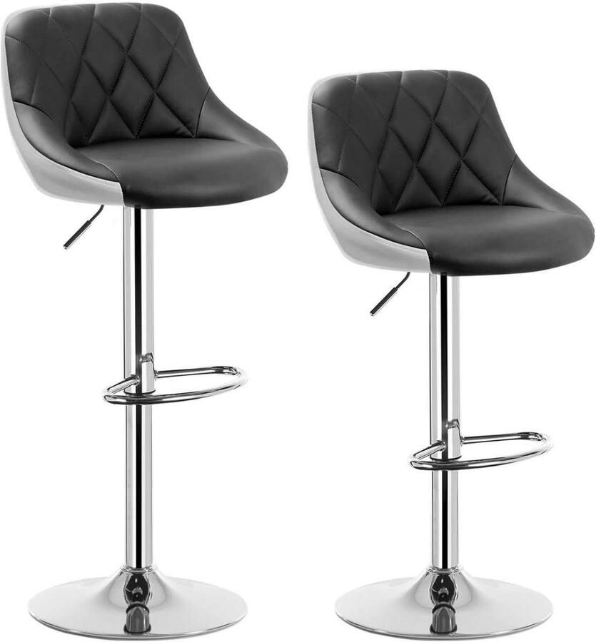 Warraich -Set van 2 barkrukken – Grijs witte kunstleren zitting en verchroomd stalen frame