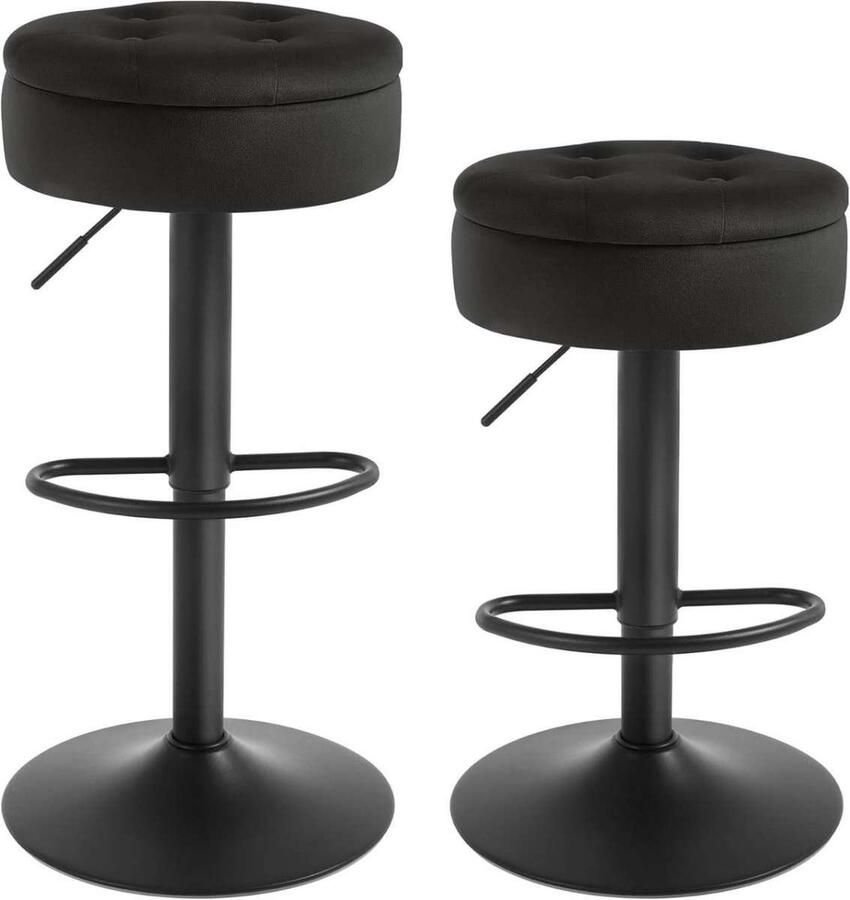 Warraich -Set van 2 barkrukken met opbergruimte – in hoogte verstelbaar 360° draaibaar fluweel & metaal zwart