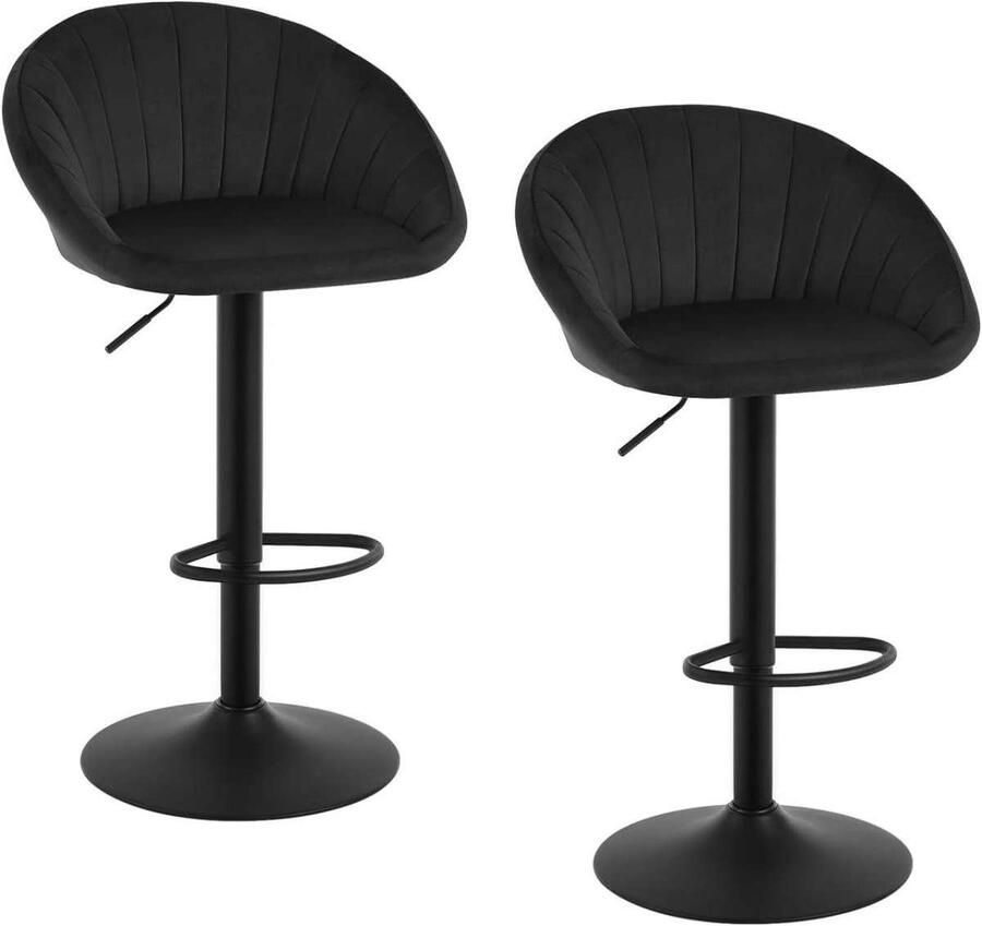 Warraich -Set van 2 barkrukken met rugleuning – in hoogte verstelbaar draaibaar fluweel & metaal zwart
