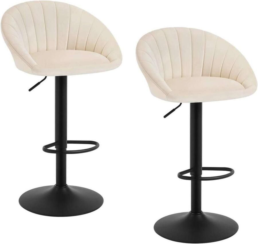 Warraich -Set van 2 barkrukken met rugleuning – in hoogte verstelbaar draaibaar fluweel & metaal beige