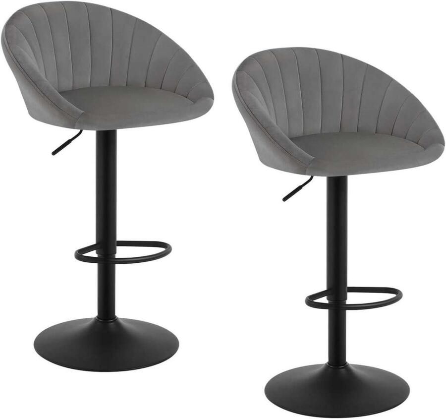 Warraich -Set van 2 barkrukken met rugleuning – in hoogte verstelbaar draaibaar fluweel & metaal donkergrijs