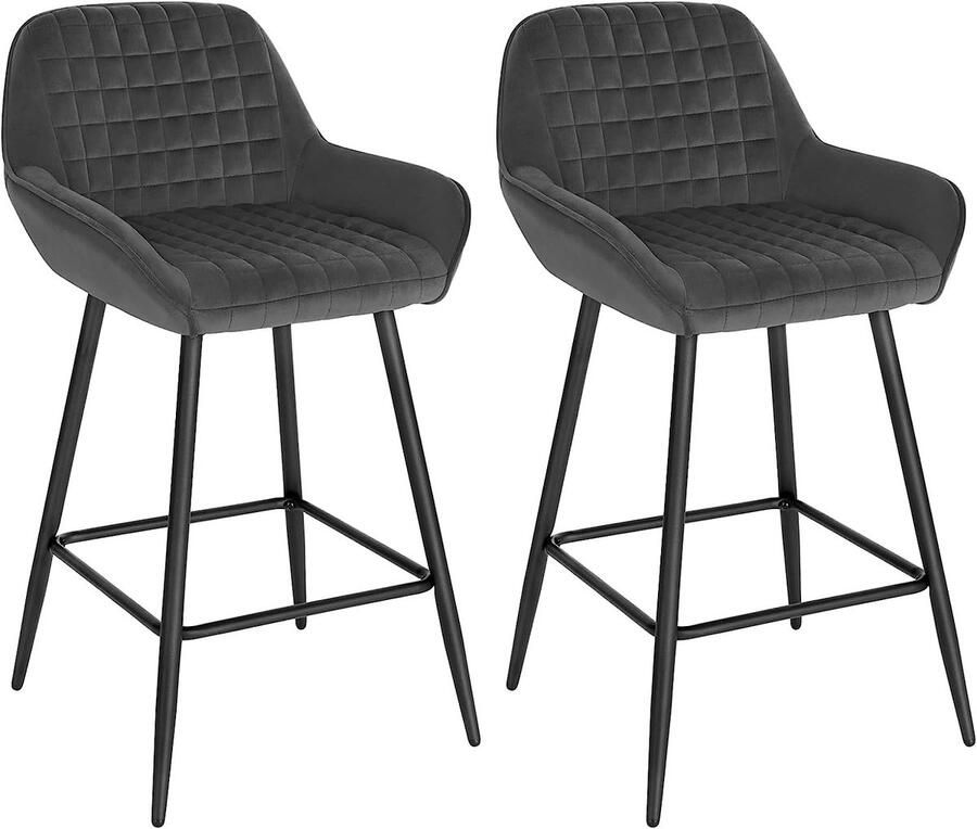 Warraich -Set van 2 bistro barkrukken – Donkergrijs fluweel met rugleuning armleuningen en voetsteun