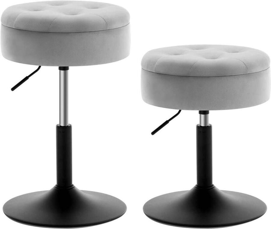 Warraich -Set van 2 Compacte Lichtgrijze Barkrukken: Fluweel Opbergruimte Verstelbaar Metalen Frame