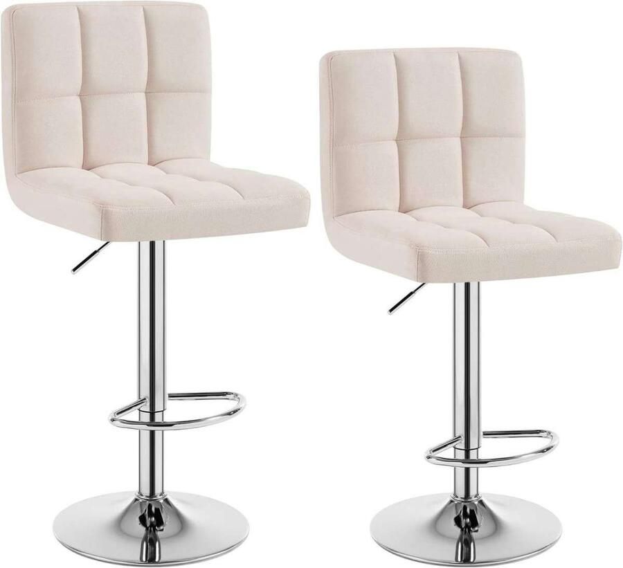 Warraich -Set van 2 Crème Witte Barkrukken: Comfortabele en Draaibare Krukken met Zachte Linnen Zitting Volledig in Hoogte Verstelbaar voor Optimaal Zitcomfort