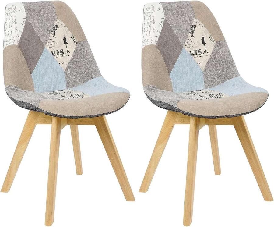Warraich Set van 2 Design Eetkamerstoelen – Linnen Patchwork Zitting Houten Poten