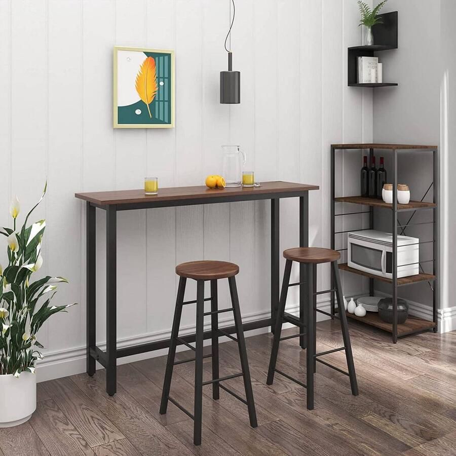 Warraich -Set van 2 Donkerbeuken Barkrukken: Robuuste Bistro- en Counterkrukken met Stevig Stalen Frame en Ronde MDF Zitting