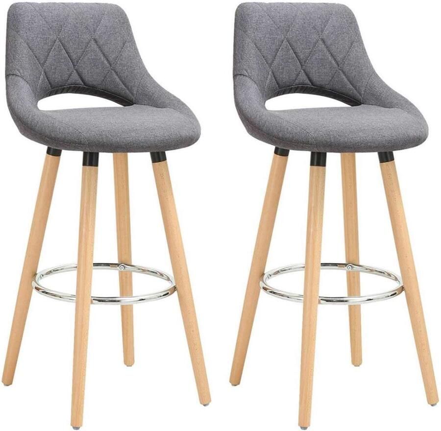 Warraich -Set van 2 Donkergrijze Linnen Barkrukken: Comfortabele Barstoelen met Rugleuning en Voetsteun Gemaakt van Ademend Linnen en een Stevig Houten Frame