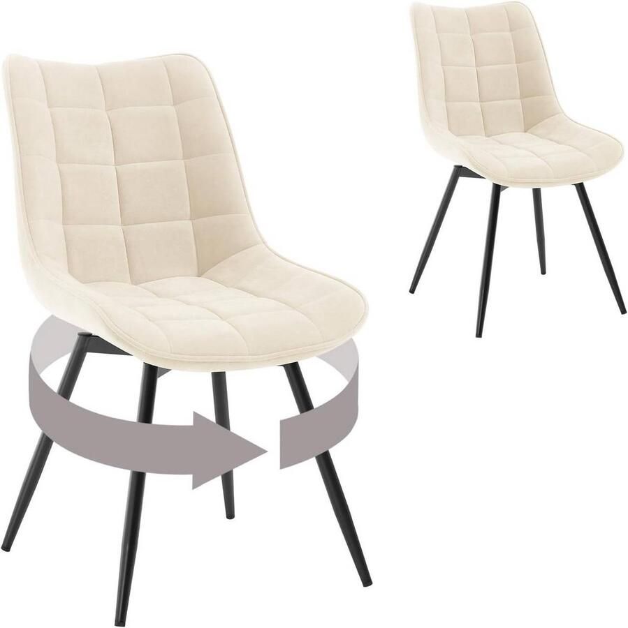 Warraich Set van 2 Draaibare Eetkamerstoelen – Beige Fluwelen Zitting Rugleuning & Metalen Poten