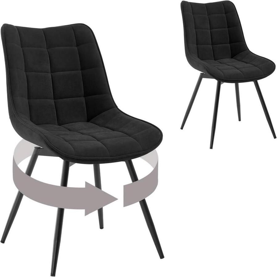 Warraich Set van 2 Draaibare Eetkamerstoelen – Fluweel Zwart met Rugleuning en Metalen Poten
