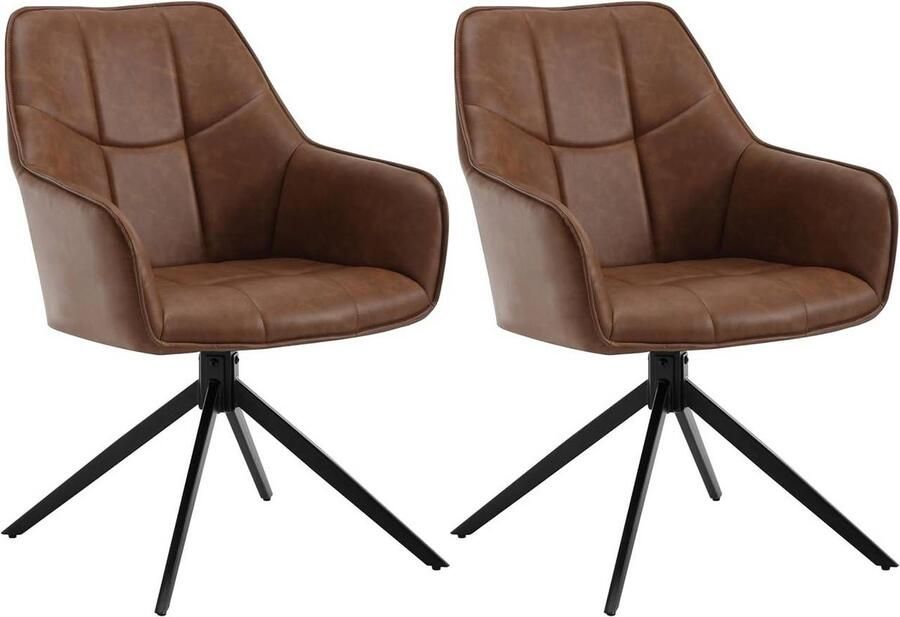 Warraich Set van 2 Draaibare Eetkamerstoelen – Lichtbruin Vintage Kunstleer met Armleuningen en Metalen Poten