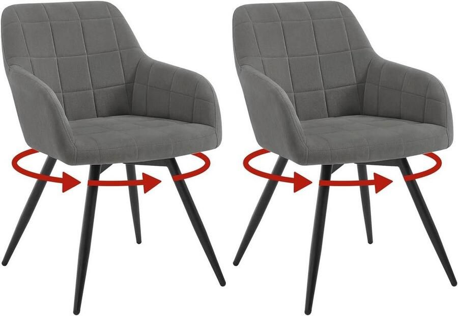 Warraich Set van 2 Draaibare Ergonomische Eetkamerstoelen – Donkergrijs Fluweel met Metalen Poten
