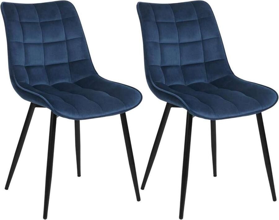 Warraich Set van 2 Eetkamerstoelen – Blauw Fluweel – Met Rugleuning – Metalen Poten – Elegant Design