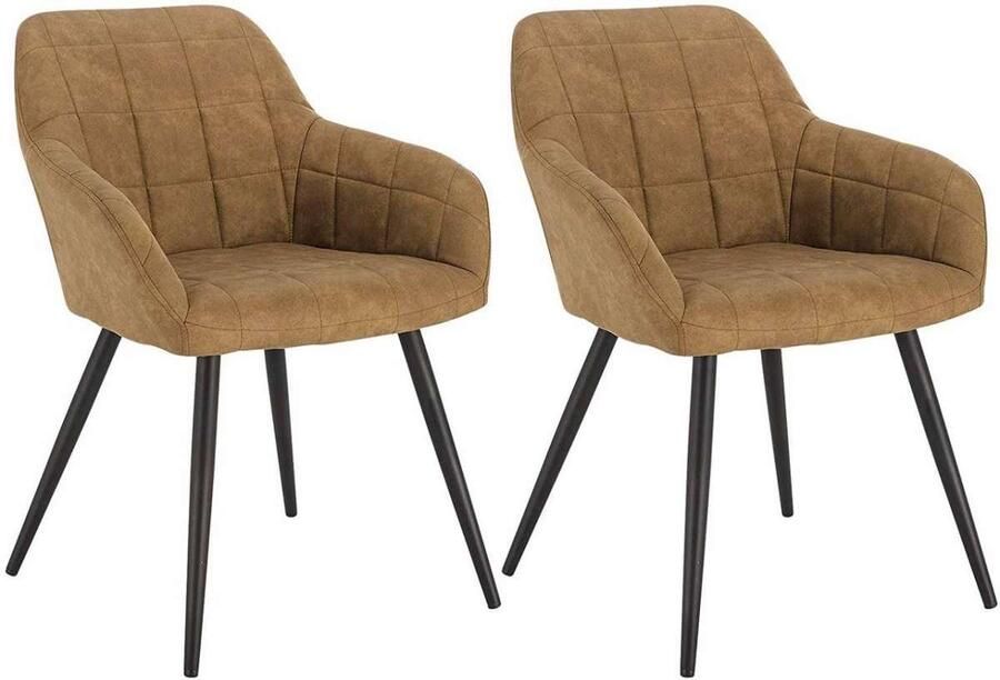 Warraich Set van 2 Eetkamerstoelen – Bruine Stoffen Bekleding met Armleuningen & Metalen Poten
