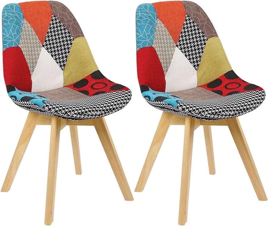 Warraich Set van 2 Eetkamerstoelen – Design Stoel – Linnen Bekleding – Houten Poten – Multicolor
