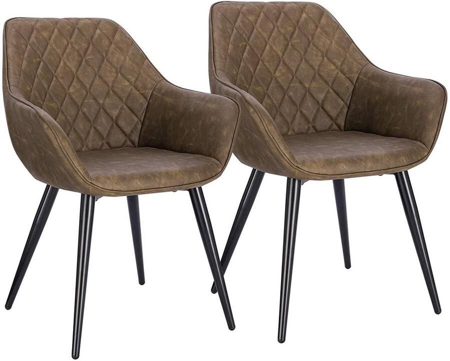 Warraich Set van 2 Eetkamerstoelen – Donkerbruin Kunstleer met Armleuningen & Metalen Frame