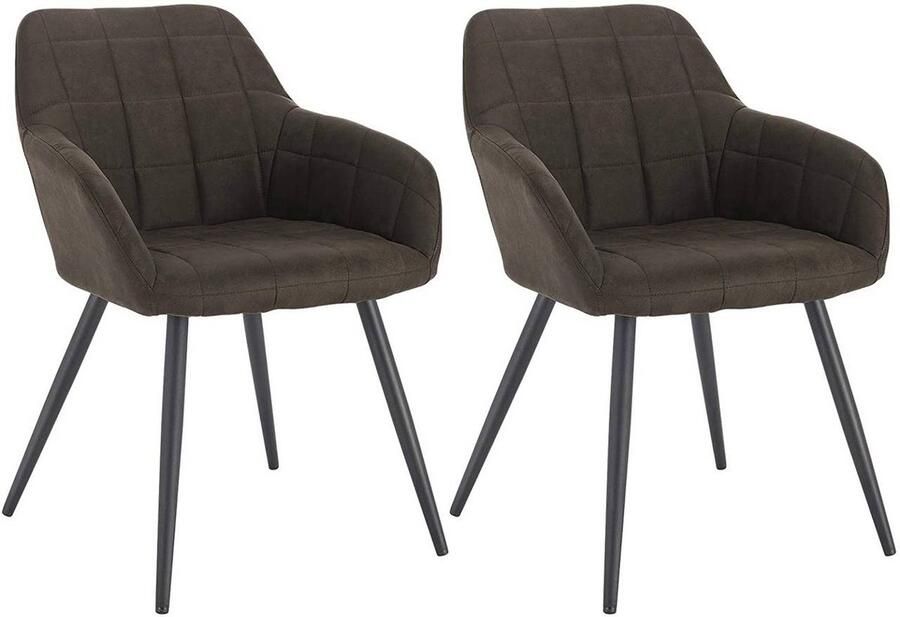 Warraich Set van 2 Eetkamerstoelen – Donkerbruine Stoffen Bekleding met Armleuningen & Metalen Poten