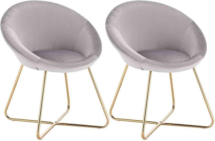 Warraich Set van 2 Eetkamerstoelen – Fluwelen Zitting – Gekruiste Vergulde Metalen Poten – Lichtgrijs