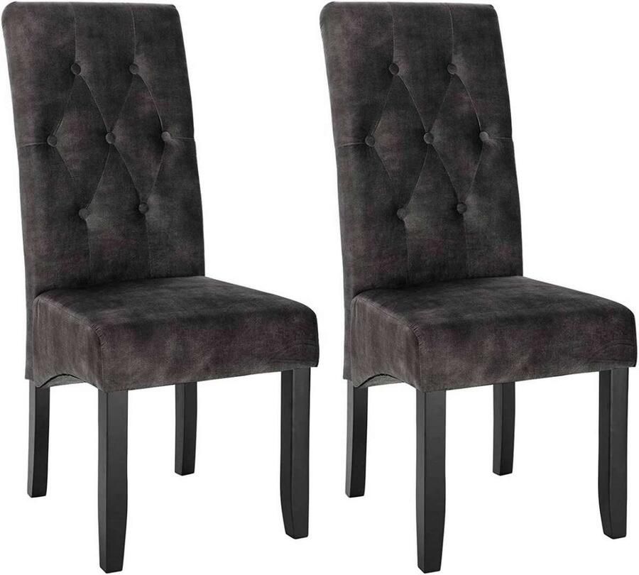Warraich Set van 2 Eetkamerstoelen – Fluwelen Zitting – Hoge Rugleuning – Massief Houten Poten – donkergrijs