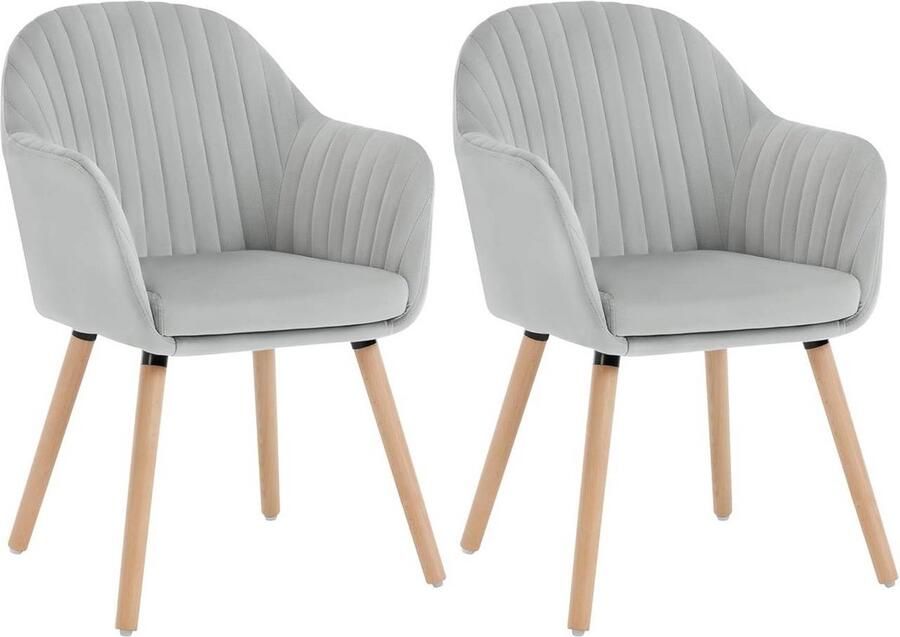 Warraich Set van 2 Eetkamerstoelen – Lichtgrijs Fluweel – Met Armleuningen – Massief Houten Poten