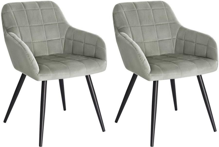 Warraich Set van 2 Eetkamerstoelen met Armleuningen – Grijze Fluwelen Zitting & Metalen Frame