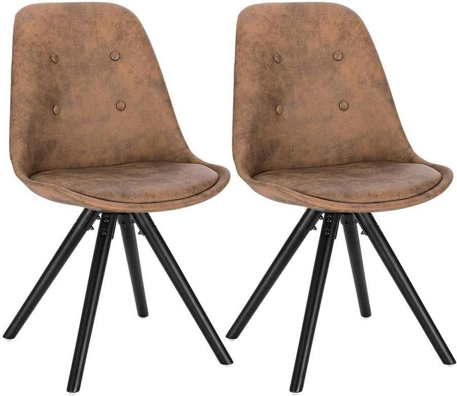 Warraich Set van 2 Eetkamerstoelen – Stoffen Zitting in Antieke Lederlook Houten Frame Donkerbruin