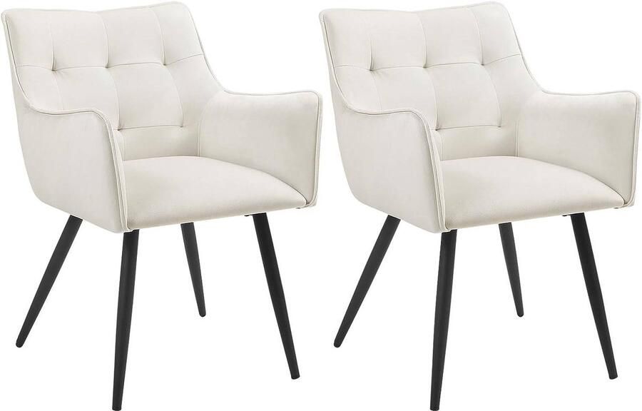 Warraich Set van 2 fluwelen eetkamerstoelen – crème wit met armleuningen en metalen poten