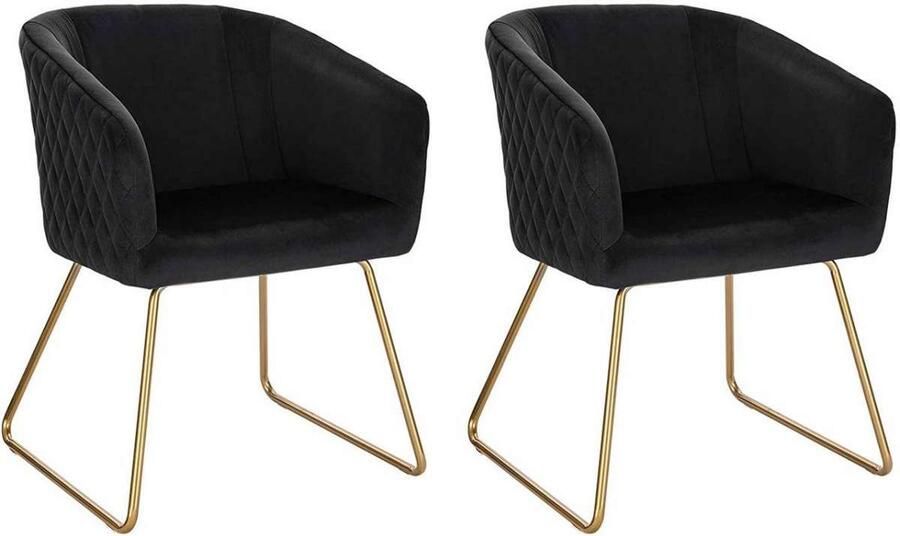 Warraich Set van 2 Fluwelen Eetkamerstoelen met Armleuning – Zwart met Gouden Metalen Poten