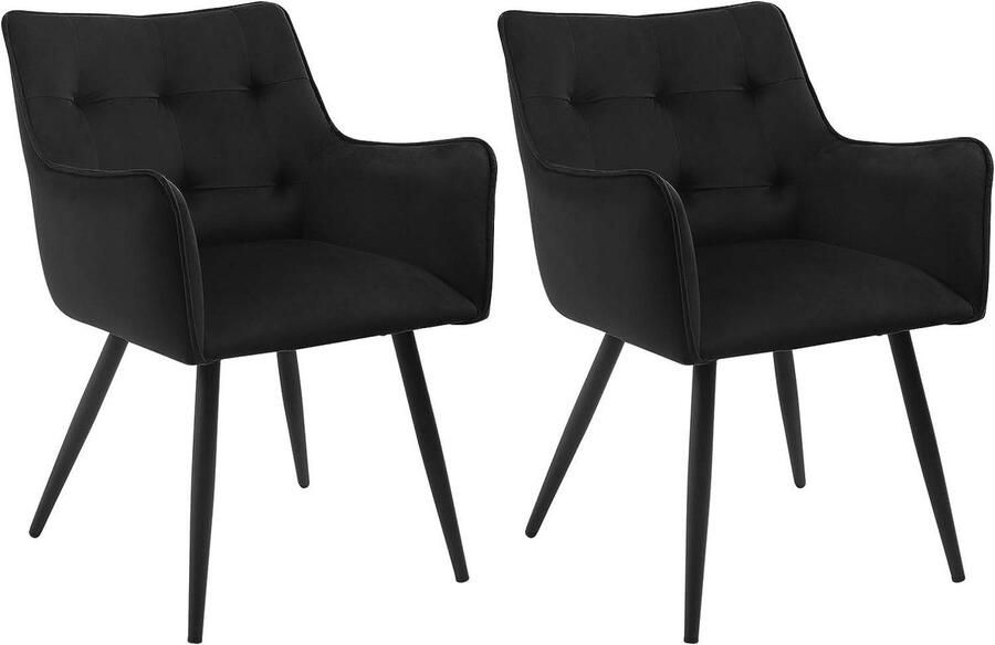 Warraich Set van 2 fluwelen eetkamerstoelen – zwart met armleuningen en metalen poten