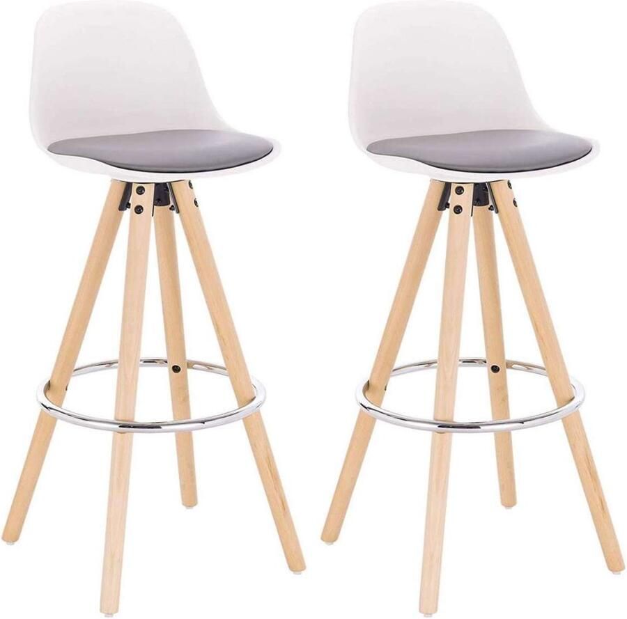 Warraich -Set van 2 Grijze en Witte Barkrukken: Comfortabele Keukenstoelen met Rugleuning en Voetsteun Gemaakt van Duurzaam Kunstleer en een Stevig Houten Frame