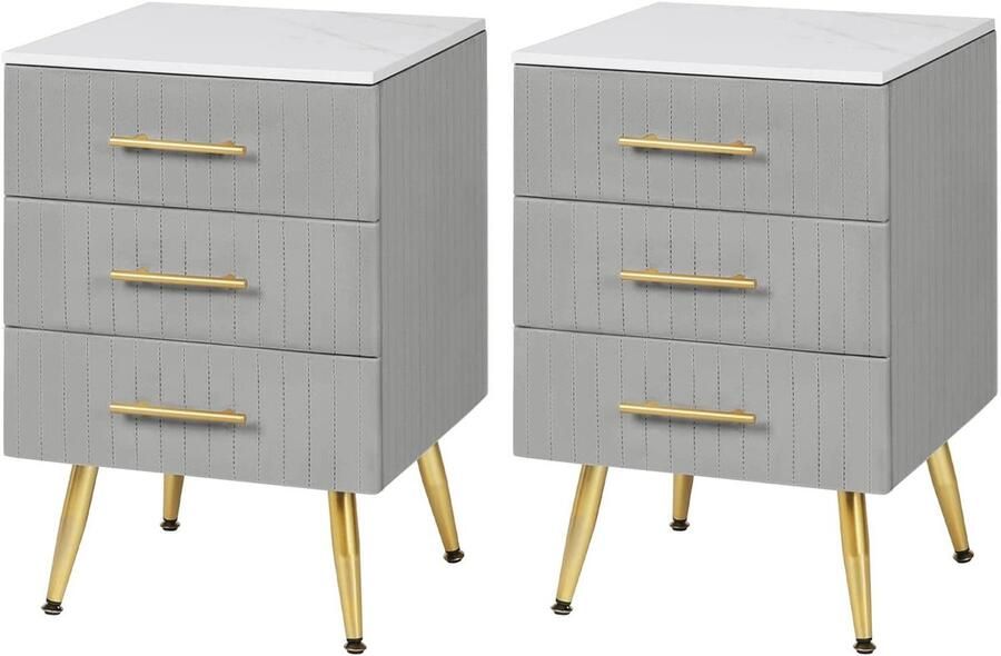 Warraich -Set van 2 grijze nachtkastjes met 3 stevige houten lades – 40.5x41x60 cm