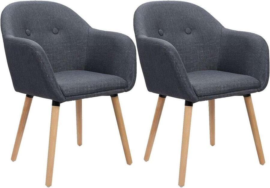 Warraich Set van 2 Keukenstoelen – Armleuningen Linnen Zitting Massief Houten Frame donkergrijs