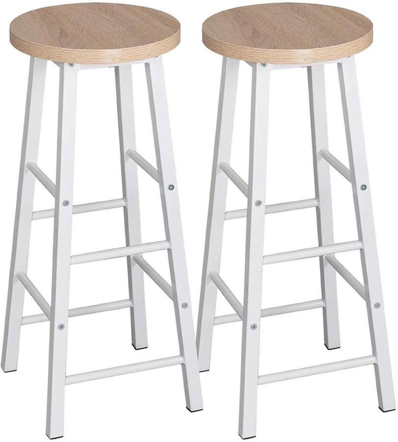 Warraich -Set van 2 Licht Eiken Barkrukken: Robuuste Bistro- en Counterkrukken met Stevig Stalen Frame en Ronde MDF Zitting