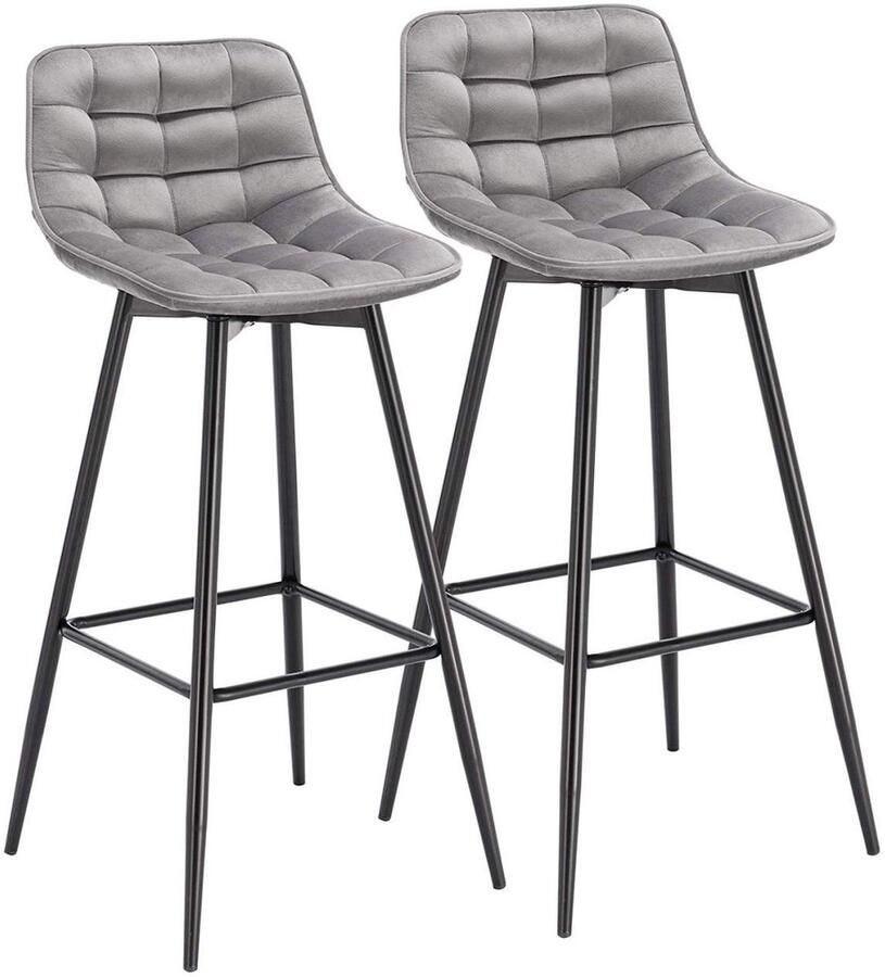 Warraich -Set van 2 Lichtgrijze Fluweel Design Barkrukken: Stijlvolle Balie- en Bistrokrukken met Comfortabele Voetsteun en Robuust Metalen Frame