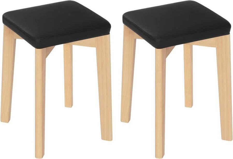 Warraich Set van 2 Massief Houten Eetkamerstoelen – Stapelbaar met Zwarte PU Zitting en Houtnerf