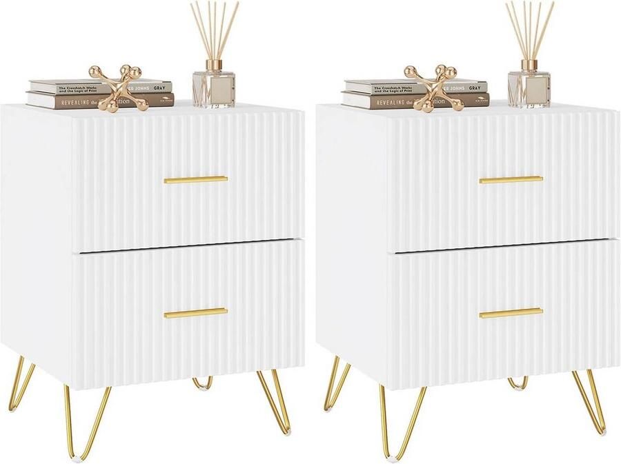 Warraich -Set van 2 moderne nachtkastjes – wit met goudkleurige accenten en verticale lijnen 2 lades