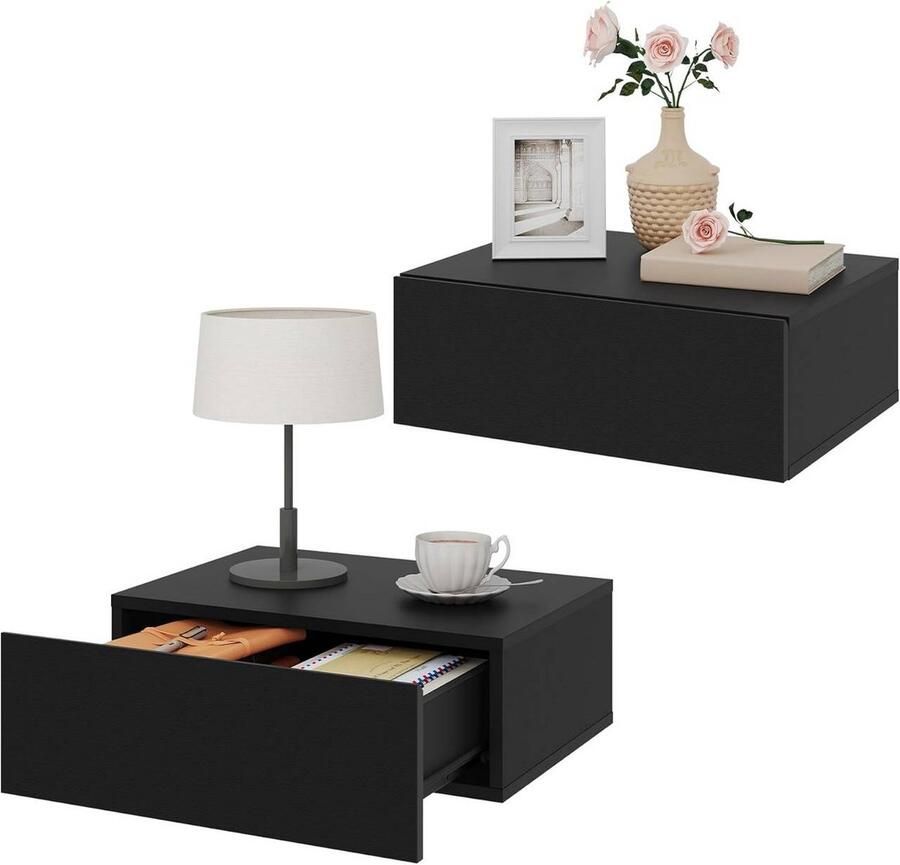 Warraich -Set van 2 moderne zwevende nachtkastjes met lade – zwart 40x30x14 cm