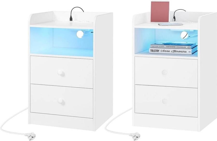 Warraich -Set van 2 nachtkastjes – met LED-verlichting 2 stopcontacten & 2 USB-poorten wit houtdesign