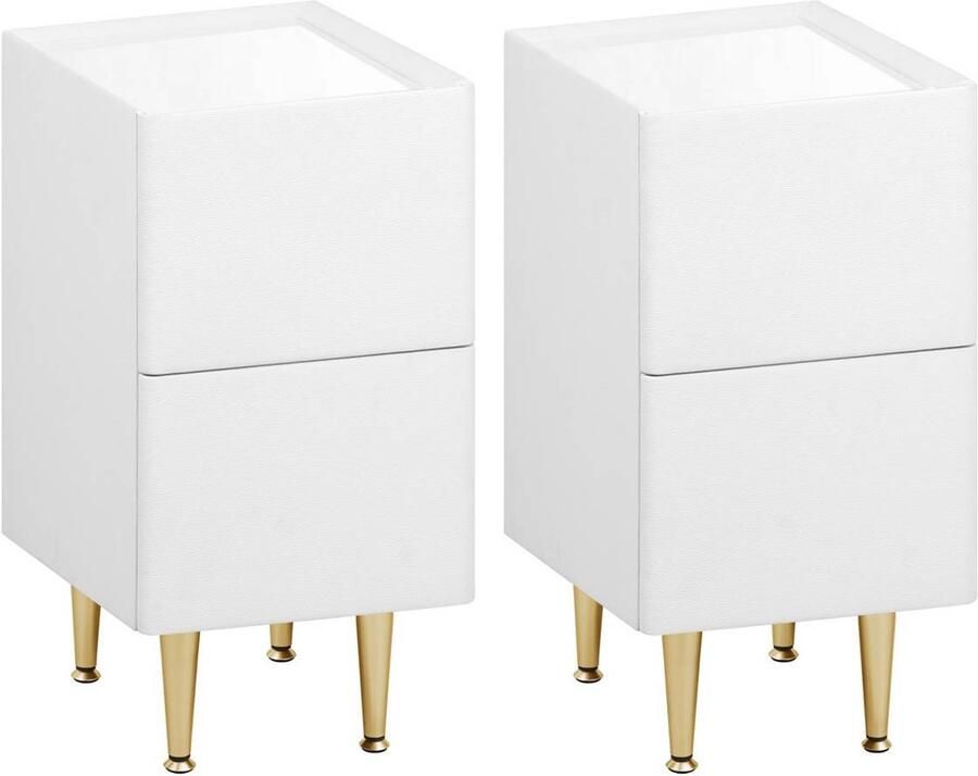Warraich -Set van 2 nachtkastjes – wit en goud hoogglans 2 lades hout PVC met metalen poten 25x51x40 cm