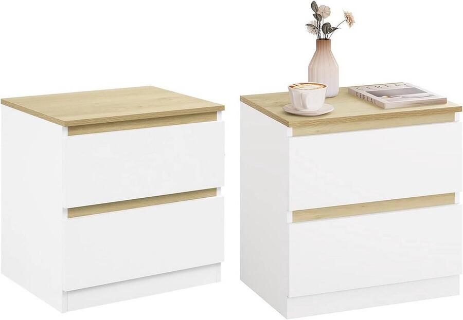 Warraich -Set van 2 nachtkastjes – wit en licht eiken met 2 lades gemaakt van hout