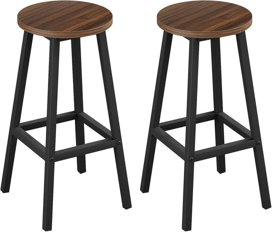 Warraich -Set van 2 ronde barkrukken – donkere eik zitting metalen frame met voetensteun voor bar keukeneiland of eetkamer